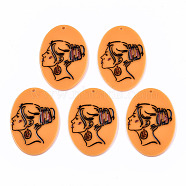 Acrylic Pendants, 3D Printed, Oval with Woman Pattern, Orange, 40x28x2mm, Hole: 1.6mm(KY-S163-243)