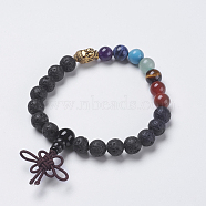 Chakra Jewelry, Natural Lava Rock and Mixed Stone Buddha Stretch Bracelets, with Alloy Findings, Buddha Head, 2-1/8 inch(54mm), Pendant: 40x10mm(BJEW-K200-02-01AG)