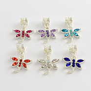 Alloy Rhinestone Dragonfly European Dangle Charms, Silver Color Plated, Mixed Color, 28mm, Hole: 4.5mm(MPDL-R036-77)