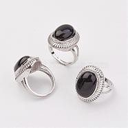 Natural Black Agate Finger Rings, with Brass Ring Finding, Platinum, Oval, Size 8, 18mm(RJEW-P122-20)