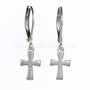 Cross Stainless Steel Dangle Leverback Earrings, Stainless Steel Color, 26mm, Pin: 1mm(EJEW-JE01749)