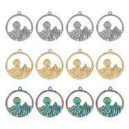 12Pcs 3 Colors Ion Plating(IP) 304 Stainless Steel Pendants, Ring with Mountain & Sun Charms, Mixed Color, 27.5x25x1.5mm, Hole: 1.6mm, 4pcs/color(STAS-SZ0002-94)