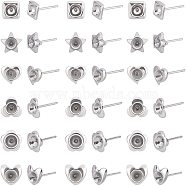 Unicraftale 120Pcs Heart & Flower & Star & Square 304 Stainless Steel Ear Stud Components, for Pointed Back Rivoli Rhinestone, Stainless Steel Color, 20pcs/style(STAS-UN0026-39)