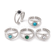 Sun 304 Stainless Steel Open Cuff Rings, Synthetic Turquoise & Malachite Rings for Women, Stainless Steel Color, Adjustable(RJEW-G314-03P)
