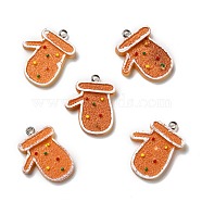 Opaque Resin Pendants, with Platinum Tone Iron Loops, Imitation Gingerbread, Christmas Theme, Gloves, Sandy Brown, 28x21x4mm, Hole: 2mm(RESI-D055-127P)