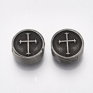 304 Stainless Steel Beads, Flat Round with Cross, Gunmetal, 11x5mm, Hole: 1.8mm(STAS-T045-11)