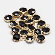 Glass Flat Round Charm, with Golden Plated Brass Findings, Faceted, Black, 9x6x3mm, Hole: 2mm(KK-L091-03)