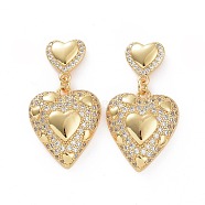 Clear Cubic Zirconia Heart Dangle Stud Earrings, Brass Jewelry for Woman, Golden, 33mm, Pin: 0.7mm(EJEW-F304-07G)