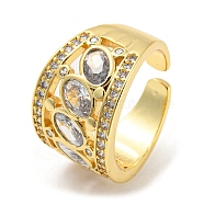 Brass Micro Pave Cubic Zirconia Open Cuff Ring, Oval, Real 16K Gold Plated, Inner Diameter: 17.6mm(RJEW-C033-03G)