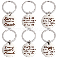 ARRICRAFT 6Pcs 3 Style 304 Stainless Steel Lettering Keychains, Teachers' Day Theme, Flat Round with Word, Stainless Steel Color, 5cm, 2pcs/style(KEYC-AR0001-05)