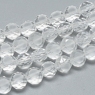 Frosted Glass Beads Strands, Faceted, Flat Round, Clear, 14x9~10mm, Hole: 2mm, about 50pcs/25.3 inch(EGLA-S147-14mm-08)