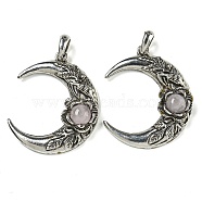 Natural Rose Quartz Pendants, Alloy Flower Crescent Moon Charms, Antique Silver, 43.5x35.5x8.5mm, Hole: 8x7mm(G-P547-04AS-04)