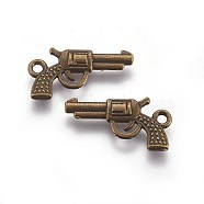 Zinc Alloy Gun Necklace Pendant, Revolver Pistol Charm, Lead Free and Cadmium Free, Antique Bronze, about 22mm long, 12mm wide, 3mm thick, hole: 2mm(X-EA9073Y-AB)