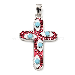 Rack Plating Alloy Enamel Pendants, Cross Charms with Glass, Long-Lasting Plated, Lead Free & Cadmium Free, Platinum, FireBrick, 41.5x26.5x3mm, Hole: 6.6x3.5mm(PALLOY-K010-41P-02)