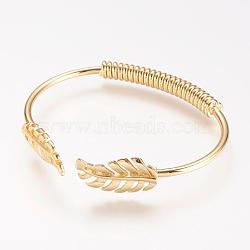 Brass Cuff Bangle, Real 18K Gold Plated, Leaf, Golden, 2 inchx2-1/4 inch(50x58mm)(BJEW-P168-A14)