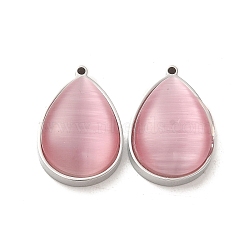304 Stainless Steel Pendants, with Cat Eye, Teardrop, Pink, 22x14x7.4mm, Hole: 1.4mm(STAS-L022-045P-04)