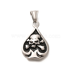 304 Stainless Steel Pendants, Spade with Skull Charm, Antique Silver, 30x21.5x5.5mm, Hole: 8.5x5mm(STAS-Z110-40AS)