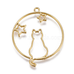 Zinc Alloy Kitten Open Back Bezel Pendants, for DIY UV Resin, Epoxy Resin, Pressed Flower Jewelry, Flat Round with Cat and Star, Golden, 43x35.5x2mm, Hole: 2mm(X-PALLOY-I126-02)