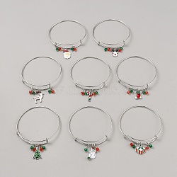 8Pcs 8 Style Christmas Theme Adjustable Alloy Bangles Set, with Enamel & Plastic Beads Charms, Mixed Color, Inner Diameter: 2-1/2 inch(6.3cm), 1Pc/style(BJEW-F467-02)