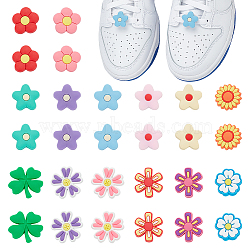 WADORN 28Pcs 14 Styles Flower/Clover PVC Plastic Shoelace Charms, Detachable Shoe Buckle Clips, Mixed Color, 24~30x23.5~32x11~13mm, 2pcs/style(FIND-WR0011-32)