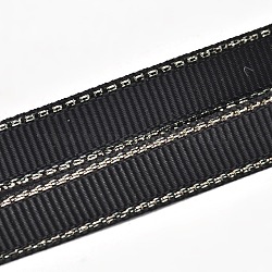 Polyester Grosgrain Ribbons for Gift Packing, Silver Wired Edge Ribbon, Black, 1/4 inch(6mm), about 100yards/roll(91.44m/roll)(SRIB-L022-006-030)