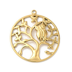 Manual Polishing 304 Stainless Steel Pendants, Flat Round with Tree of Life & Owl Charm, Real 18K Gold Plated, 30x27.5x3mm, Hole: 1.8mm(STAS-P335-19G)