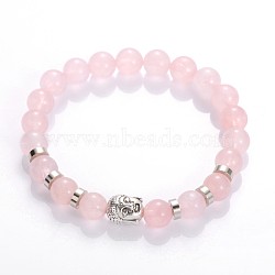 Buddha Head Gemstone Beaded Stretch Bracelets, with Tibetan Style Beads and Brass Beads, Rose Quartz, 55mm(BJEW-JB01864-04)