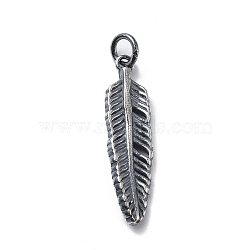 925 Sterling Silver Pendants with Jump Rings, for Jewelry Making, Antique Silver, Feather, 25.5x6.5x2.5mm, Hole: 3mm(STER-R001-03S-01)