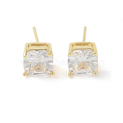 Square Brass Stud Earrings with Clear Glass for Women, Real 18K Gold Plated, 8x8.5mm(EJEW-L285-006G)