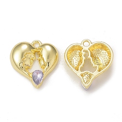 Rack Plating Alloy Glass Pendants, Golden, Heart Charms, Lavender, 19x18x4mm, Hole: 1.8mm(PALLOY-P291-01G-02)