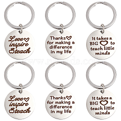 ARRICRAFT 6Pcs 3 Style 304 Stainless Steel Lettering Keychains, Teachers' Day Theme, Flat Round with Word, Stainless Steel Color, 5cm, 2pcs/style(KEYC-AR0001-05)