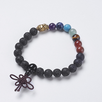 Chakra Jewelry, Natural Lava Rock and Mixed Stone Buddha Stretch Bracelets, with Alloy Findings, Buddha Head, 2-1/8 inch(54mm), Pendant: 40x10mm