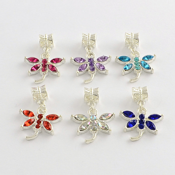 Alloy Rhinestone Dragonfly European Dangle Charms, Silver Color Plated, Mixed Color, 28mm, Hole: 4.5mm