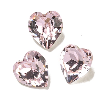 Glass Rhinestone Cabochons, Flat Back & Back Plated, Faceted, Heart, Light Rose, 6.5x6x4mm