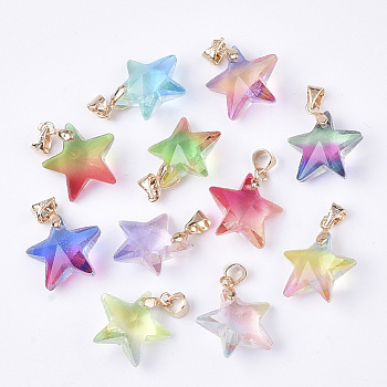 Rainbow K9 Glass Pendants, with Brass Findings, Faceted, Star, Golden, Mixed Color, 15.5x16.5x8mm, Hole: 4x3.5mm