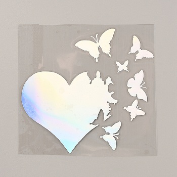 Laser Style PET Waterproof Self-adhesive Stickers, for Car, Motorcycle Decoration, Colorful, Heart Pattern, 138x125x0.1mm, Heart: 90x77mm, Butterfly: 12~40x11~27mm