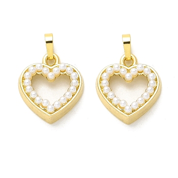 Rack Plating Brass with Plastic Pearl Pendants, Long-Lasting Plated, Lead Free & Cadmium Free, Heart Charms, Real 18K Gold Plated, 18.5x17x7mm, Hole: 6.5x3.5mm