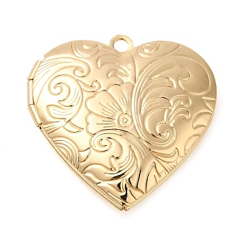 Brass Locket Pendants, Photo Frame Pendants for Necklaces, Cadmium Free & Lead Free, Heart with Flower Charm, Real 14K Gold Plated, 29x28.5x7mm, Hole: 2mm, Inner Diameter: 20x21mm