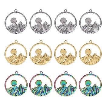12Pcs 3 Colors Ion Plating(IP) 304 Stainless Steel Pendants, Ring with Mountain & Sun Charms, Mixed Color, 27.5x25x1.5mm, Hole: 1.6mm, 4pcs/color