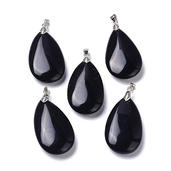 Natural Obsidian Pendants, with Brass Finding, Teardrop, 35x20x7.5~9mm, Hole: 4x3.5mm