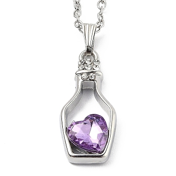 Alloy Resin Pendant Necklaces, with Cable Chains, Bottle with Heart, Platinum, Lilac, 16.73 inch(42.5cm)