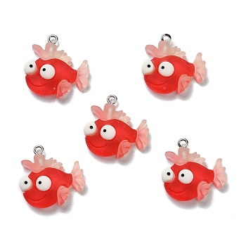 Opaque Resin Pendants, with Platinum Tone Iron Loops, Frosted, Fish, Red, 24x23.5x6mm, Hole: 2mm