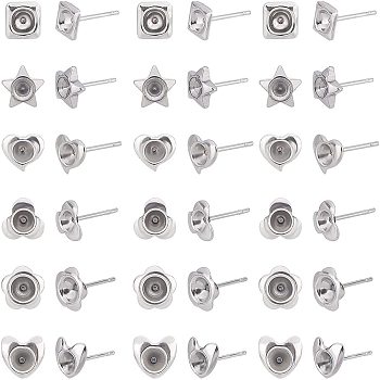 Unicraftale 120Pcs Heart & Flower & Star & Square 304 Stainless Steel Ear Stud Components, for Pointed Back Rivoli Rhinestone, Stainless Steel Color, 20pcs/style