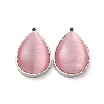 304 Stainless Steel Pendants, with Cat Eye, Teardrop, Pink, 22x14x7.4mm, Hole: 1.4mm