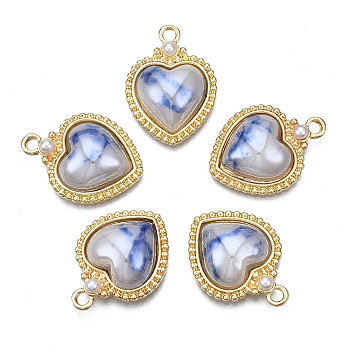Rack Plating Alloy Pendants, with Porcelain and ABS Plastic Imitation Pearl, Long-Lasting Plated, Golden, Cadmium Free & Lead Free, Heart, Steel Blue, 16x22x6mm, Hole: 2mm