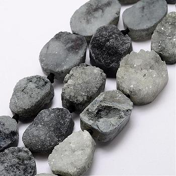 Natural & Dyed Druzy Agate Beads Strands, Oval, Gray, 28~32x21~22x10~13mm, Hole: 2mm, about 12pcs/strand, 16.5 inch(42cm)