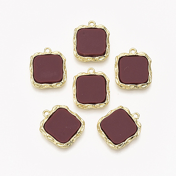 Alloy Pendants, with Plastic, Square, Light Gold, Dark Red, 20x17.5x4mm, Hole: 1.6mm