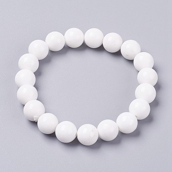Natural Mashan Jade Beaded Stretch Bracelet, Dyed, Round, White, 2 inch(5cm), Beads: 8mm
