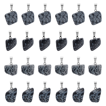 24Pcs Natural Snowflake Obsidian Pendants, with Stainless Steel Snap On Bails, Nuggets, Stainless Steel Color, 15~35x10~20x5~15mm, Hole: 3x7.5mm