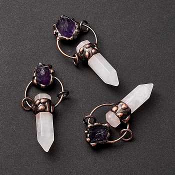 Natural Quartz Crystal and Amethyst Big Pendants, with Tin Findings, Lead & Nickel & Cadmium Free, Bullet, Red Copper, 68x28.5x13mm